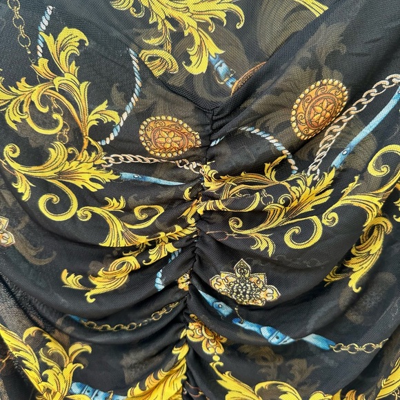 Fashion Nova Black Mesh Long Sleeve Top with Gold Baroque Print - Picture 5 of 7